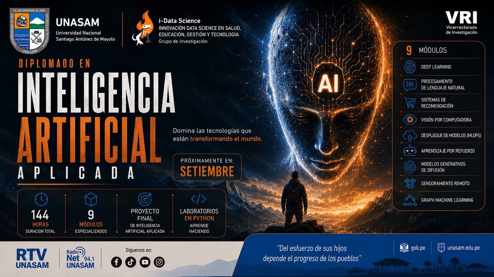 Afiche del Diplomado en Inteligencia Artificial Aplicada organizado por la UNASAM, i-Data Science y el Vicerrectorado de Investigación: 384 horas, 24 créditos académicos, 9 módulos, laboratorios en Python y proyecto final